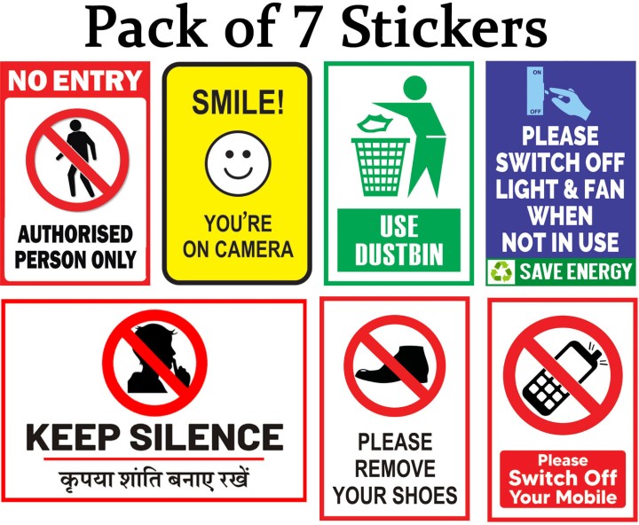 Stickers guru 25.4 cm No Entry, You are under CCTV, Keep Silence, Remove your Shoes, Use Dustbin Removable Text printed Sticker (Pack of 7)