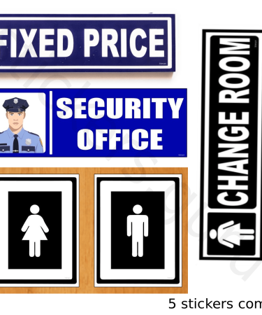 Highfive Fixed price , security office, toilet men women, change room Sign Board Sticker self adhesive combo