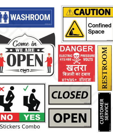 Highfive Washroom, comein we are open, Toilet no yes, confined space, Danger, Closed, Open, Restroom, Customer service Sign Board Sticker