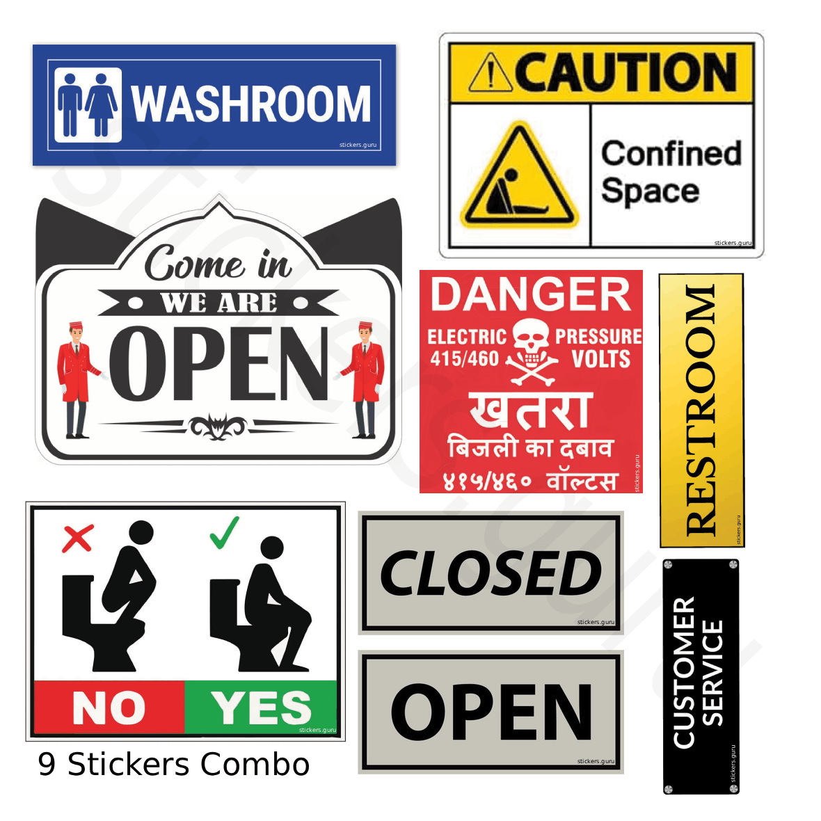 Highfive Washroom, comein we are open, Toilet no yes, confined space, Danger, Closed, Open, Restroom, Customer service Sign Board Sticker